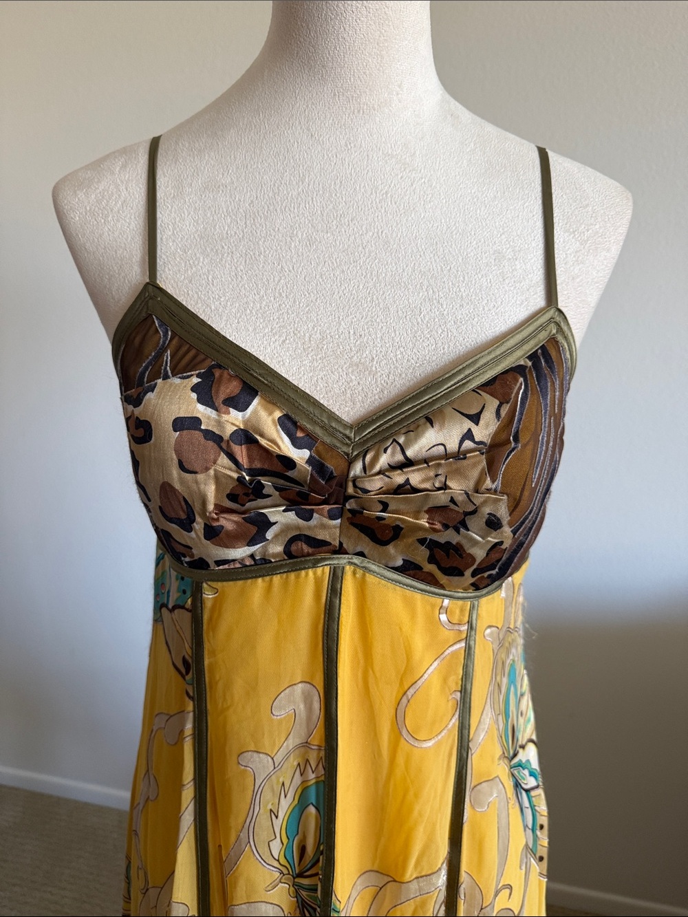 Sue Wong Mustard Yellow and Brown Floral Silk Slip Dress - Picture 3 of 10